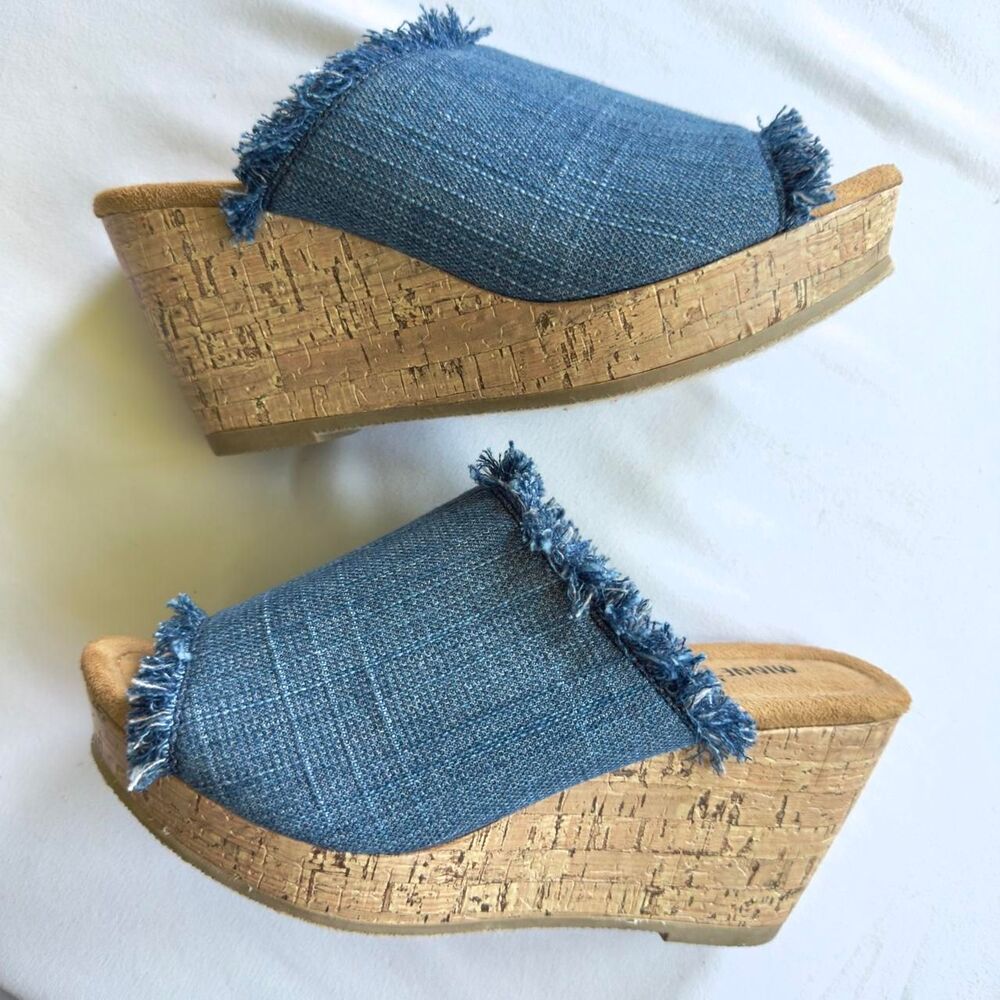 minnietonka y2k style frayed denim cork wedge platform heels size 7